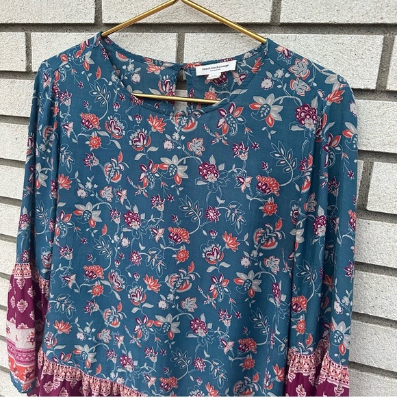 Beach Lunch Lounge Blue Boho Floral Bell Sleeve Peasant Top Block Print Rayon - Picture 2 of 9